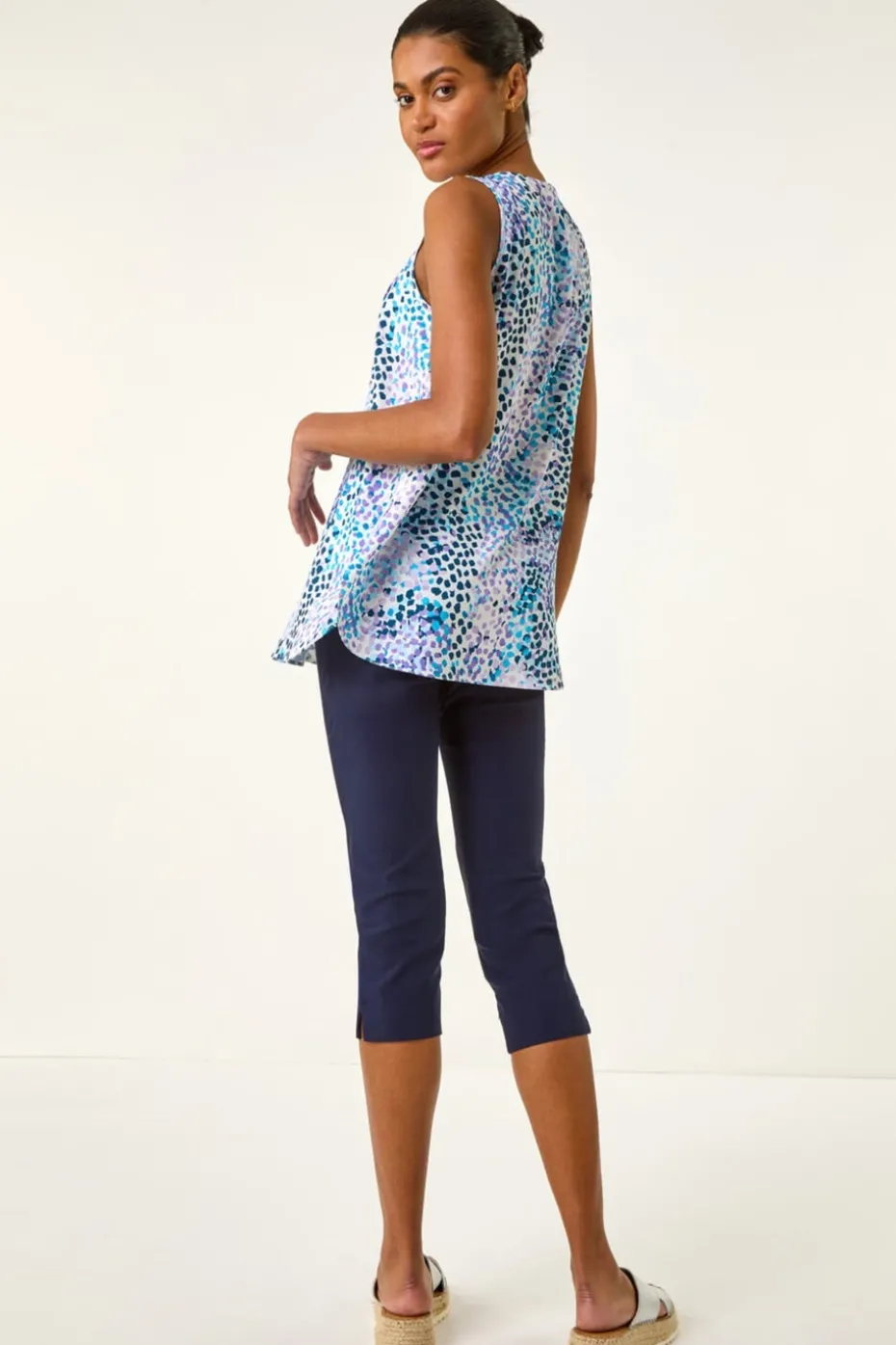 Roman Purple Abstract Print V Neck Pleat Top