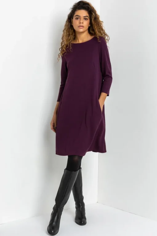 Roman Purple A-Line Pocket Detail Stretch Swing Dress