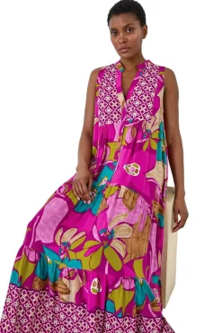 Roman Purple Boho Floral Print Smock Maxi Dress
