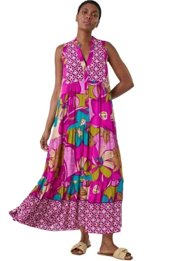 Roman Purple Boho Floral Print Smock Maxi Dress