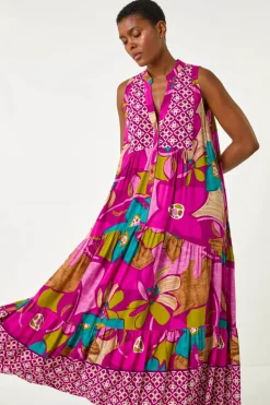 Roman Purple Boho Floral Print Smock Maxi Dress