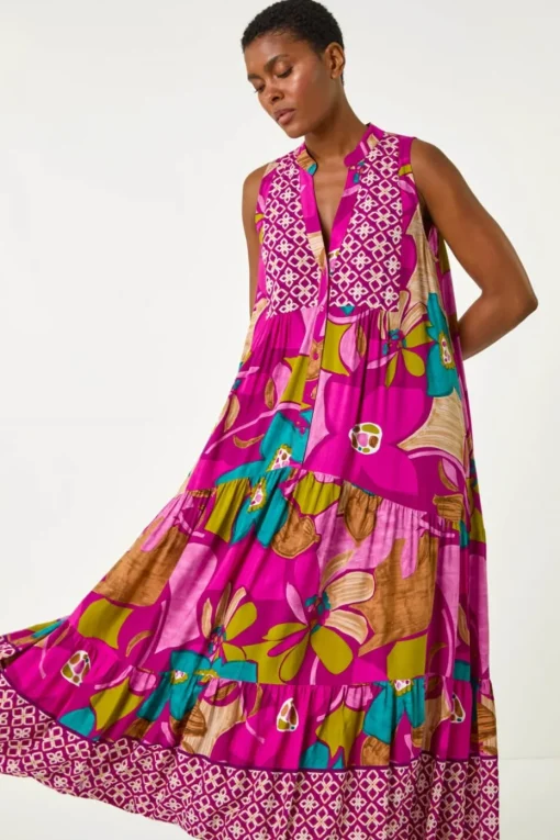 Roman Purple Boho Floral Print Smock Maxi Dress