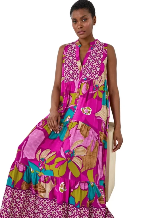 Roman Purple Boho Floral Print Smock Maxi Dress