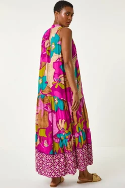 Roman Purple Boho Floral Print Smock Maxi Dress
