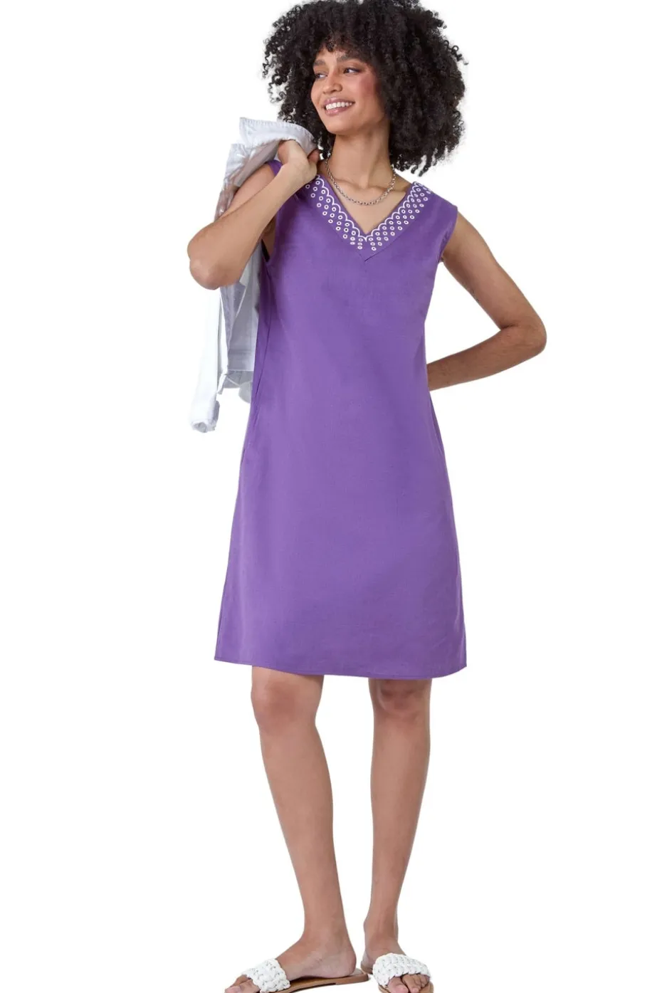Roman Purple Cotton Blend Embroidered Pocket Shift Dress
