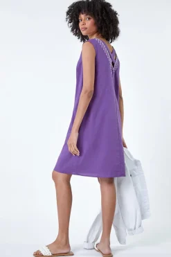 Roman Purple Cotton Blend Embroidered Pocket Shift Dress