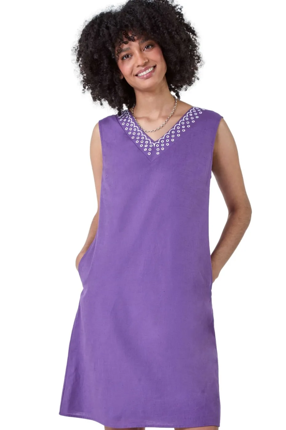 Roman Purple Cotton Blend Embroidered Pocket Shift Dress