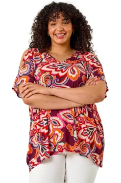 Roman Purple Curve Floral Print Cold Shoulder Top