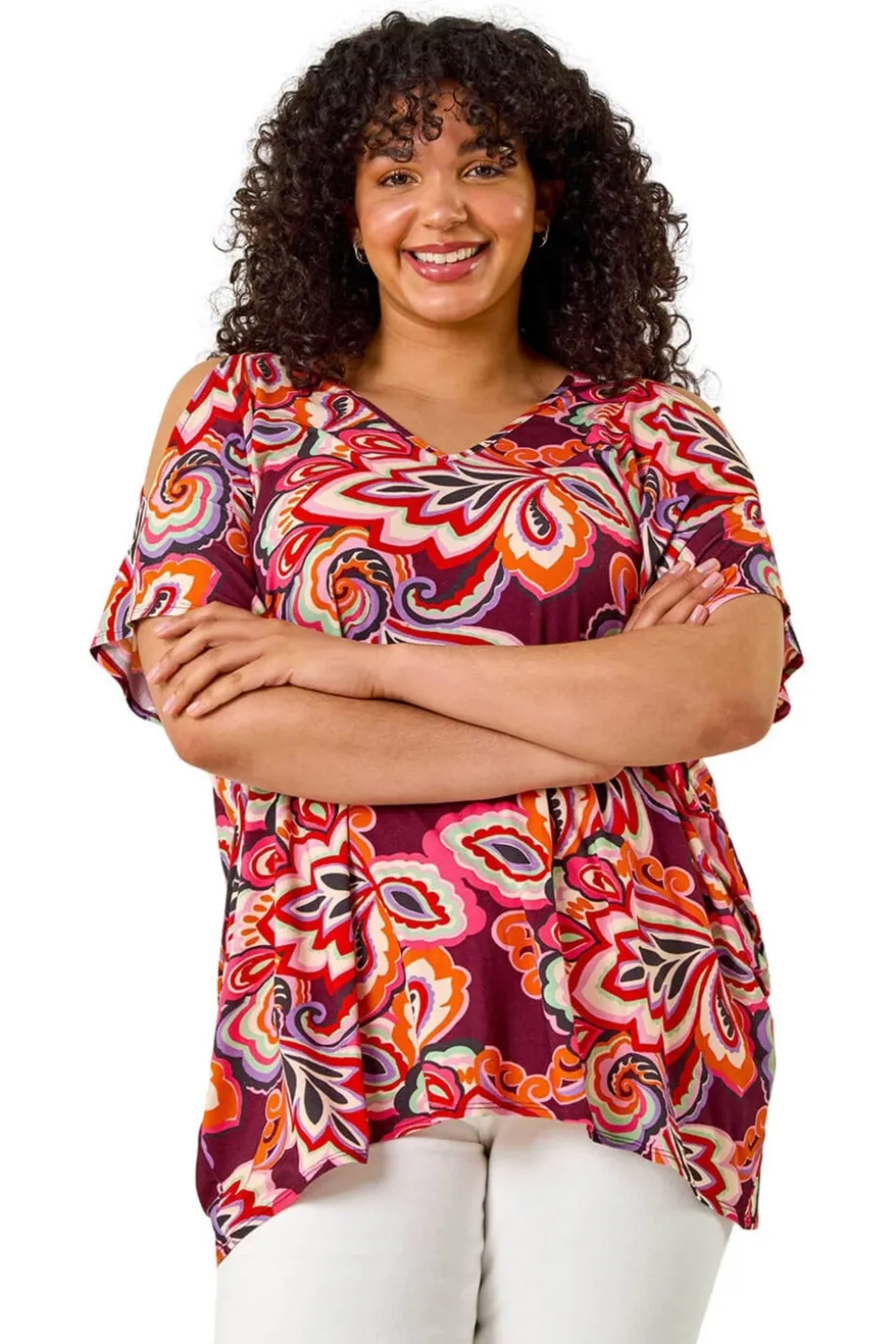 Roman Purple Curve Floral Print Cold Shoulder Top