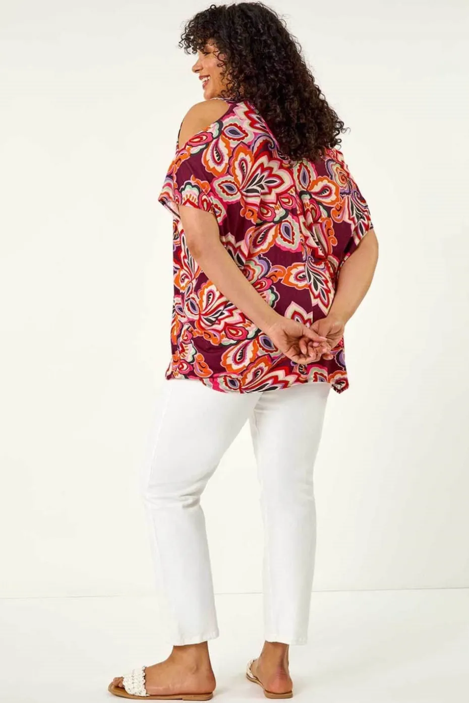 Roman Purple Curve Floral Print Cold Shoulder Top