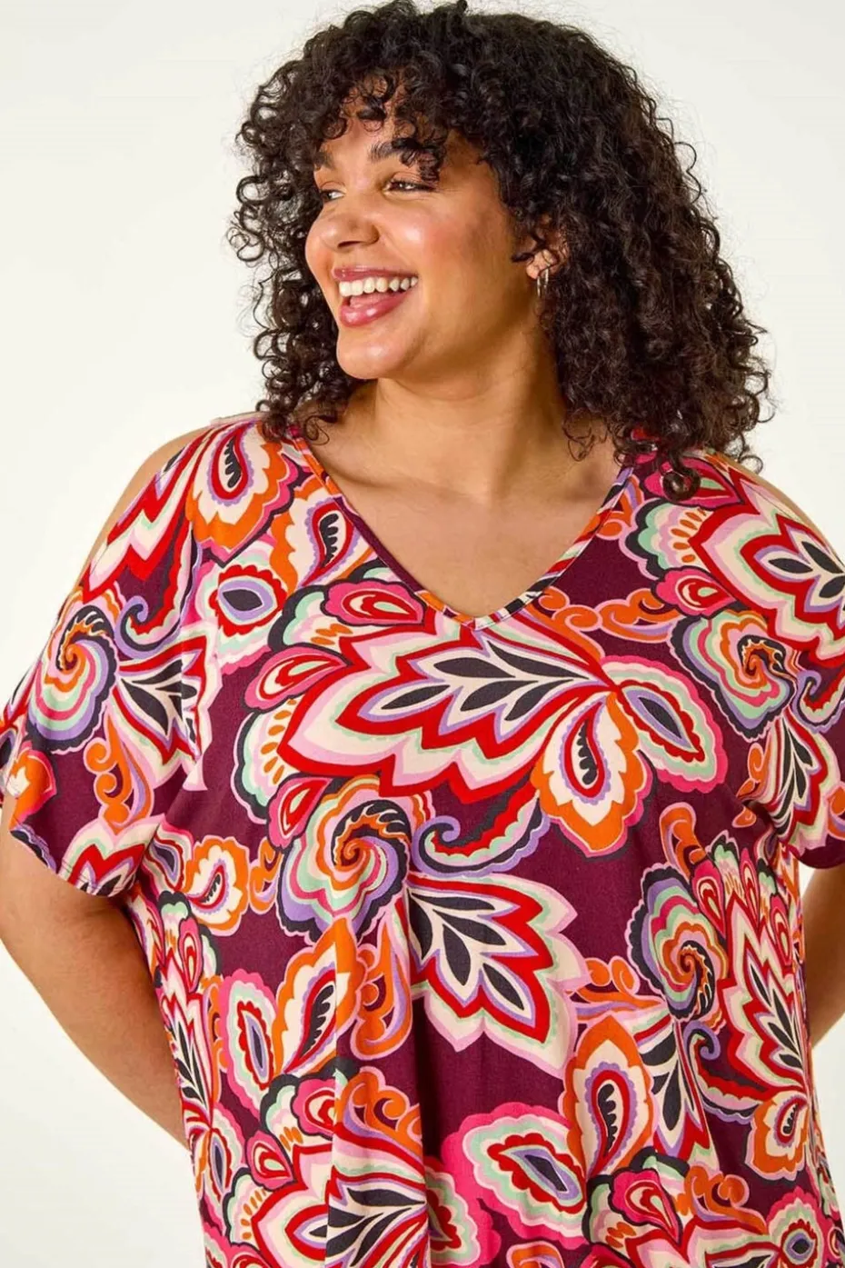 Roman Purple Curve Floral Print Cold Shoulder Top