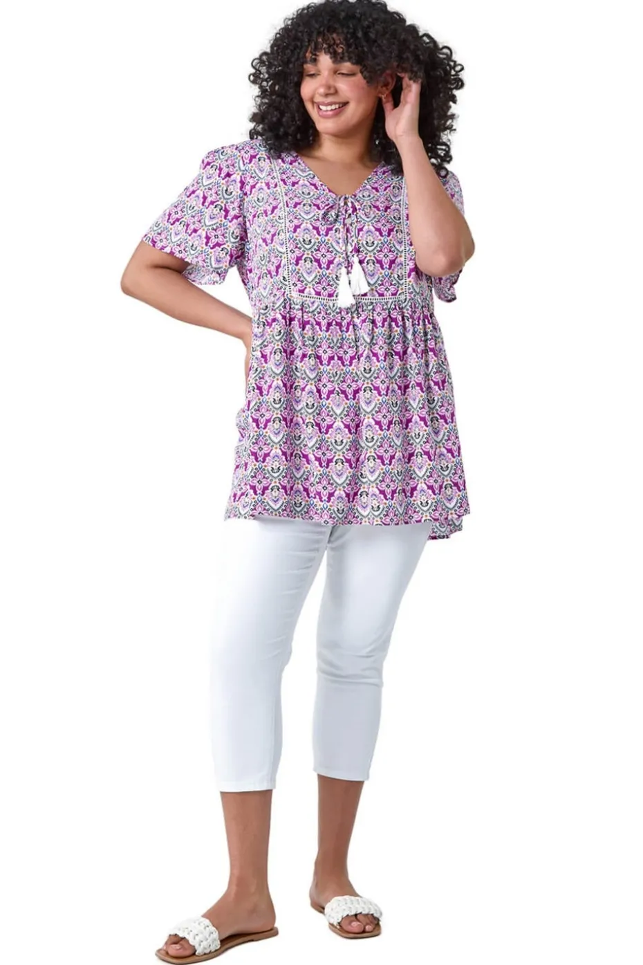 Roman Purple Curve Tie Front V-Neck Boho Printed Top