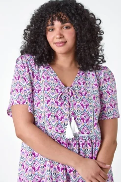 Roman Purple Curve Tie Front V-Neck Boho Printed Top