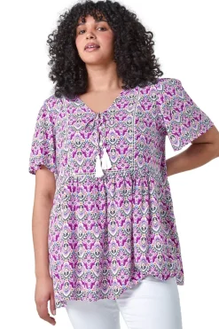 Roman Purple Curve Tie Front V-Neck Boho Printed Top