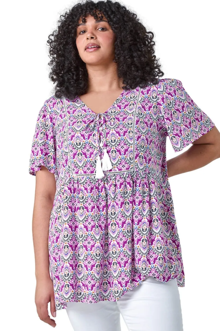 Roman Purple Curve Tie Front V-Neck Boho Printed Top