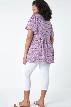 Roman Purple Curve Tie Front V-Neck Boho Printed Top