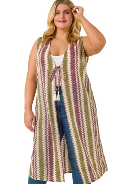 Roman Purple Curve Zig Zag Crochet Longline Waistcoat