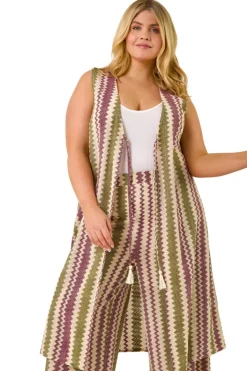 Roman Purple Curve Zig Zag Crochet Longline Waistcoat