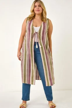 Roman Purple Curve Zig Zag Crochet Longline Waistcoat