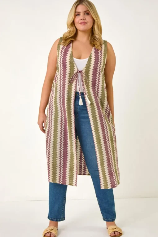 Roman Purple Curve Zig Zag Crochet Longline Waistcoat