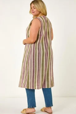 Roman Purple Curve Zig Zag Crochet Longline Waistcoat
