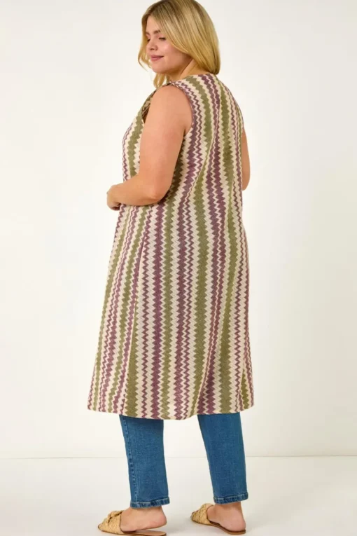 Roman Purple Curve Zig Zag Crochet Longline Waistcoat