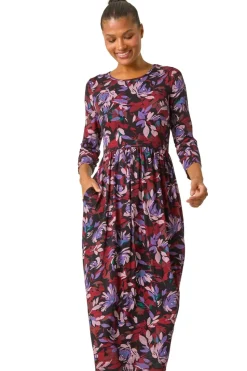 Roman Purple Floral Print Gathered Stretch Midi Dress