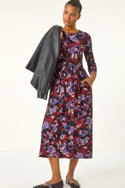 Roman Purple Floral Print Gathered Stretch Midi Dress
