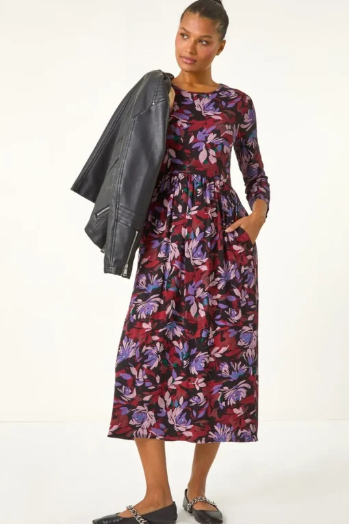 Roman Purple Floral Print Gathered Stretch Midi Dress