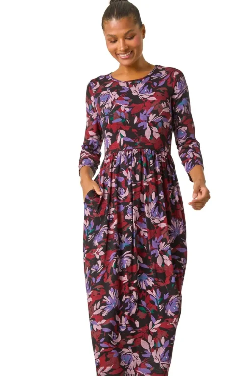 Roman Purple Floral Print Gathered Stretch Midi Dress