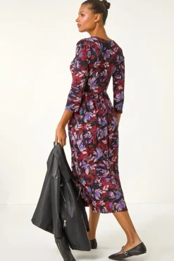 Roman Purple Floral Print Gathered Stretch Midi Dress
