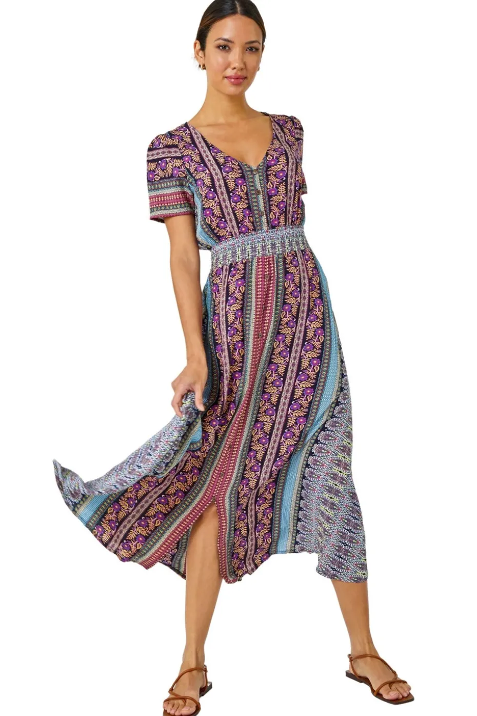 Roman Purple Floral Print Fit and Flare Maxi Dress