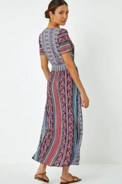 Roman Purple Floral Print Fit and Flare Maxi Dress