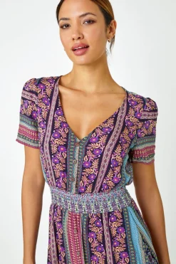 Roman Purple Floral Print Fit and Flare Maxi Dress