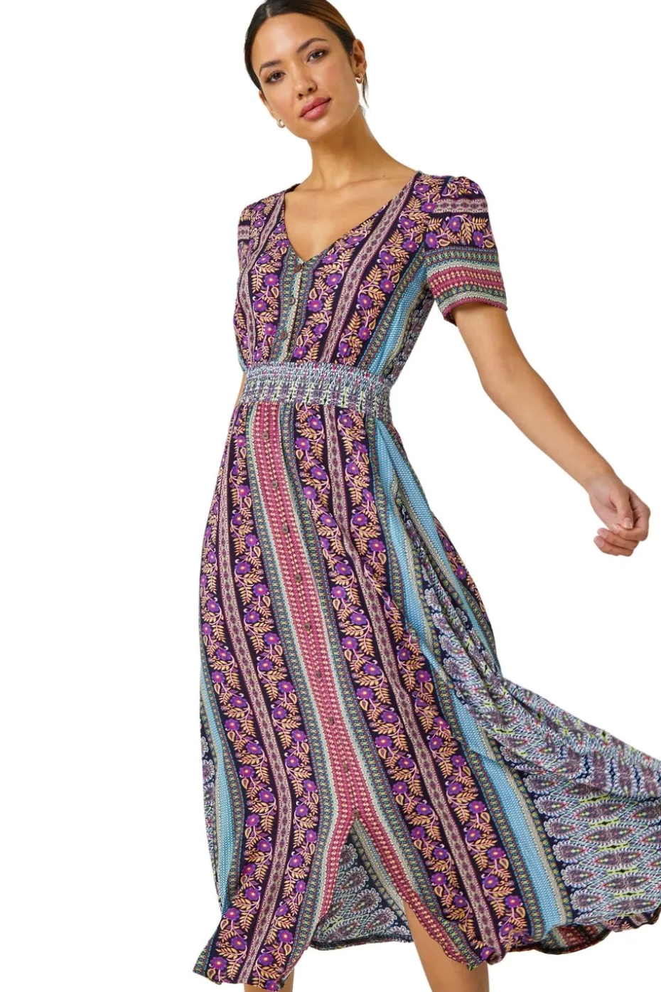 Roman Purple Floral Print Fit and Flare Maxi Dress