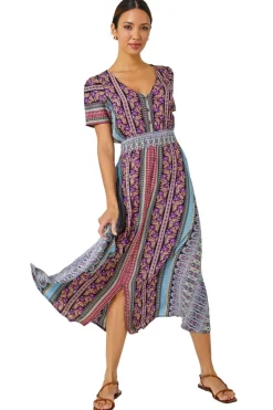 Roman Purple Floral Print Fit and Flare Maxi Dress