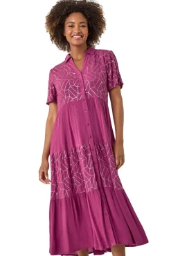 Roman Purple Foil Print V-Neck Button Midi Dress