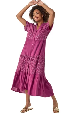 Roman Purple Foil Print V-Neck Button Midi Dress