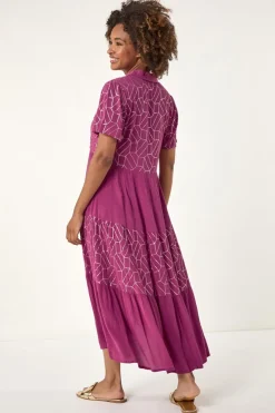 Roman Purple Foil Print V-Neck Button Midi Dress