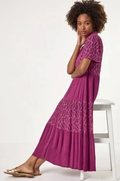 Roman Purple Foil Print V-Neck Button Midi Dress