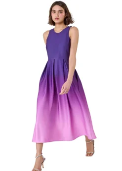 Roman Purple Ombre Pleated Luxe Stretch Midi Dress