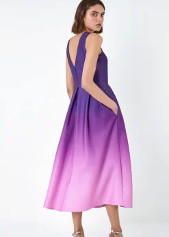 Roman Purple Ombre Pleated Luxe Stretch Midi Dress