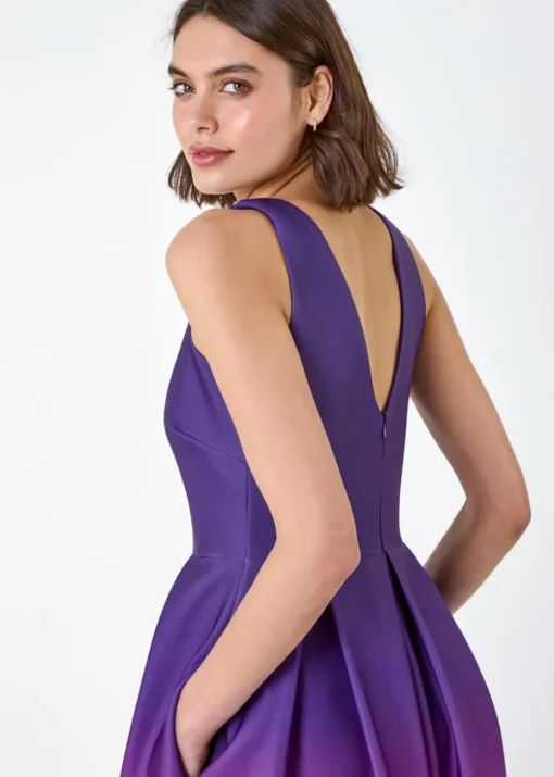 Roman Purple Ombre Pleated Luxe Stretch Midi Dress