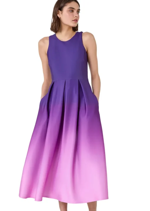 Roman Purple Ombre Pleated Luxe Stretch Midi Dress