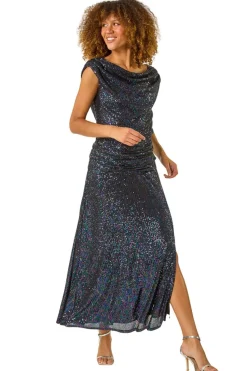 Roman Purple Sequin Cowl Neck Maxi Stretch Dress