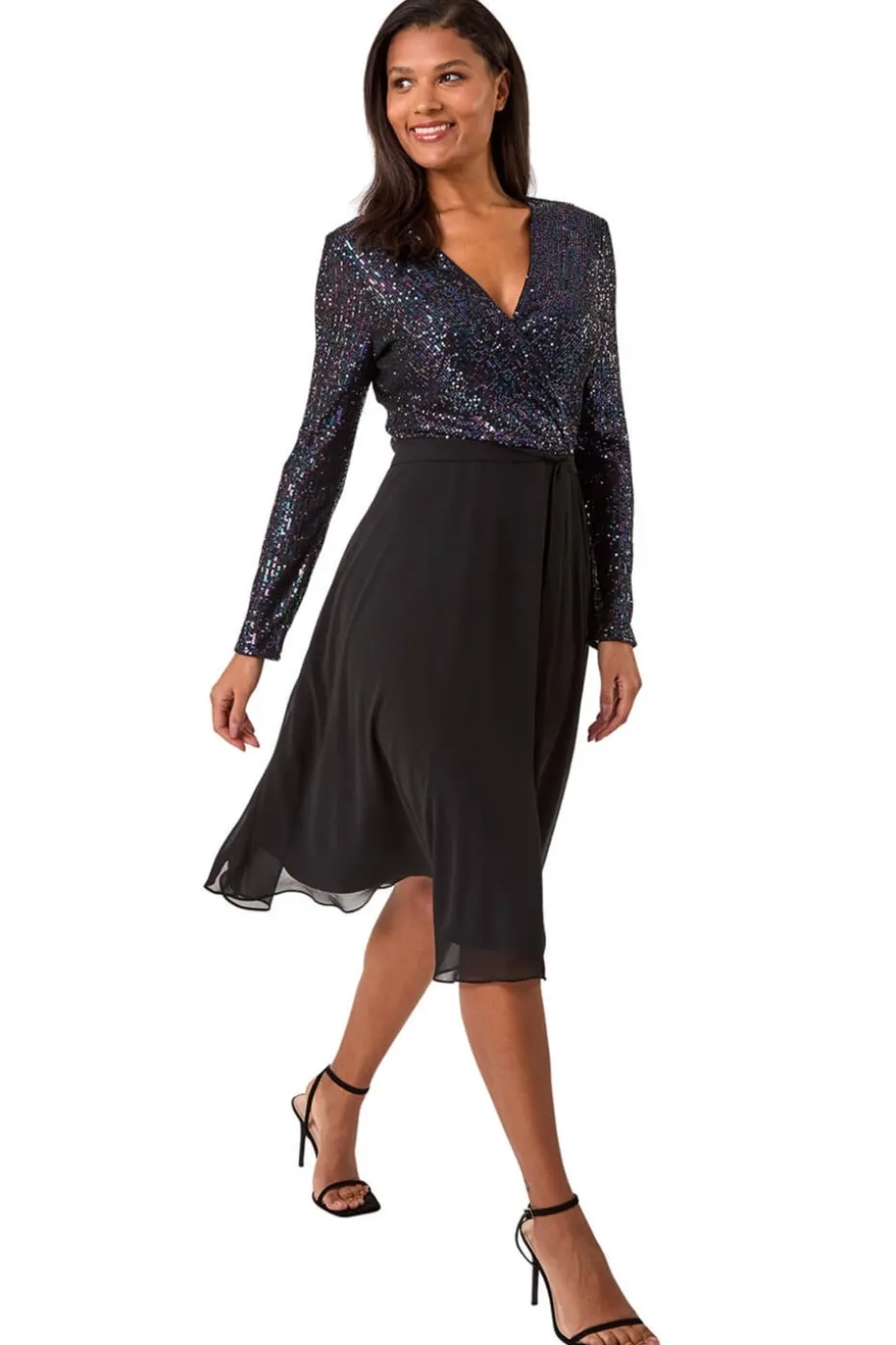 Roman Purple Sequin V-Neck Stretch Wrap Midi Dress