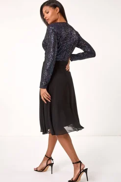 Roman Purple Sequin V-Neck Stretch Wrap Midi Dress