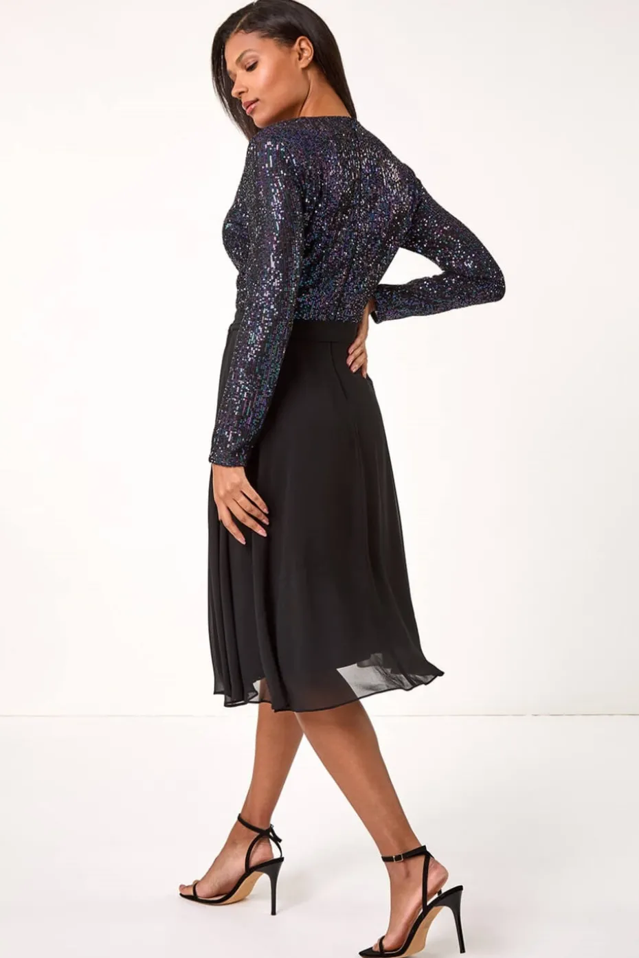 Roman Purple Sequin V-Neck Stretch Wrap Midi Dress