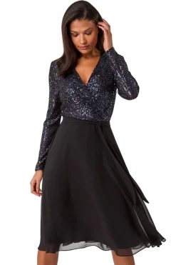 Roman Purple Sequin V-Neck Stretch Wrap Midi Dress