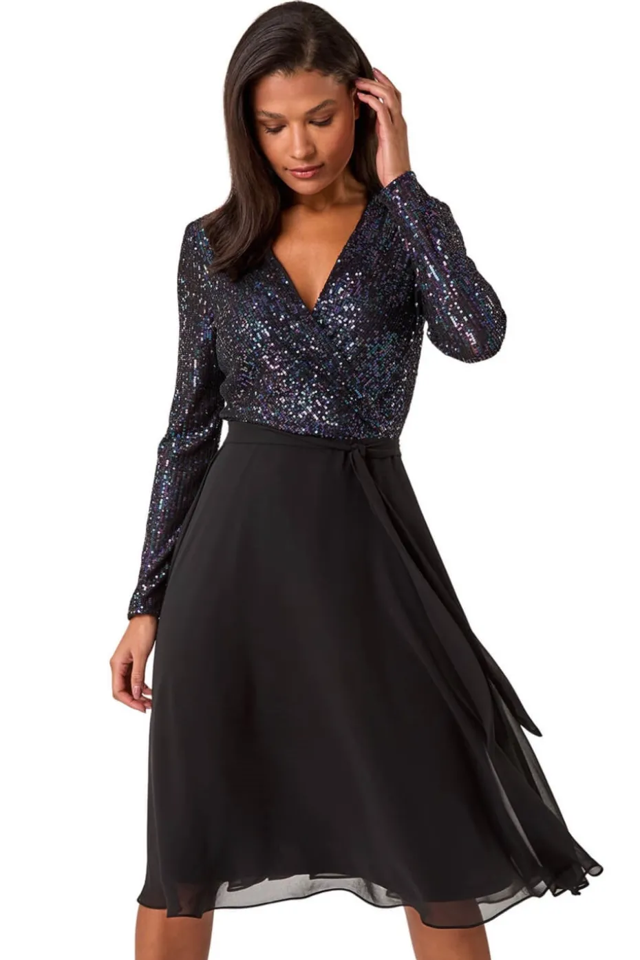 Roman Purple Sequin V-Neck Stretch Wrap Midi Dress